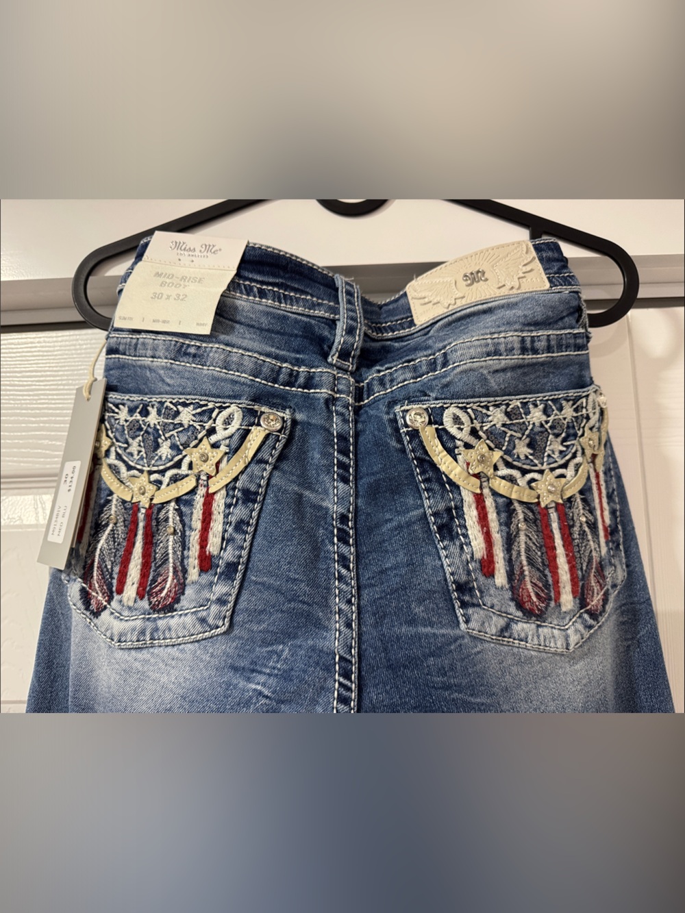 Miss Me Blue Boot Cut Jeans with Red & White Flag Embroidery